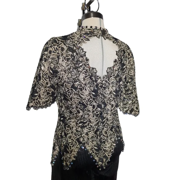 Michael Jordan Luxury Black &Gold Lace With Crystal Beads Trimmed Blouse Size M - Picture 6 of 16